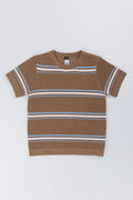 Taupe Striped Knit Crew Neck Top