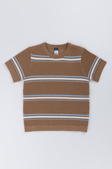 Taupe Striped Knit Crew Neck Top