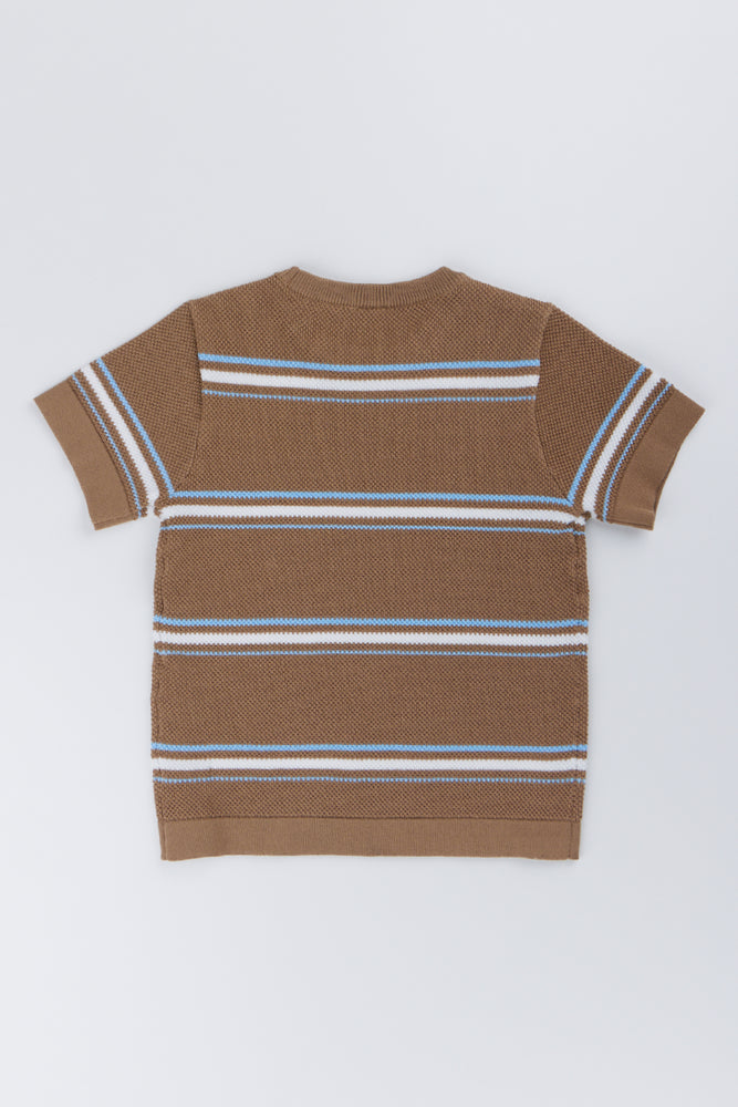 Taupe Striped Knit Crew Neck Top (2)