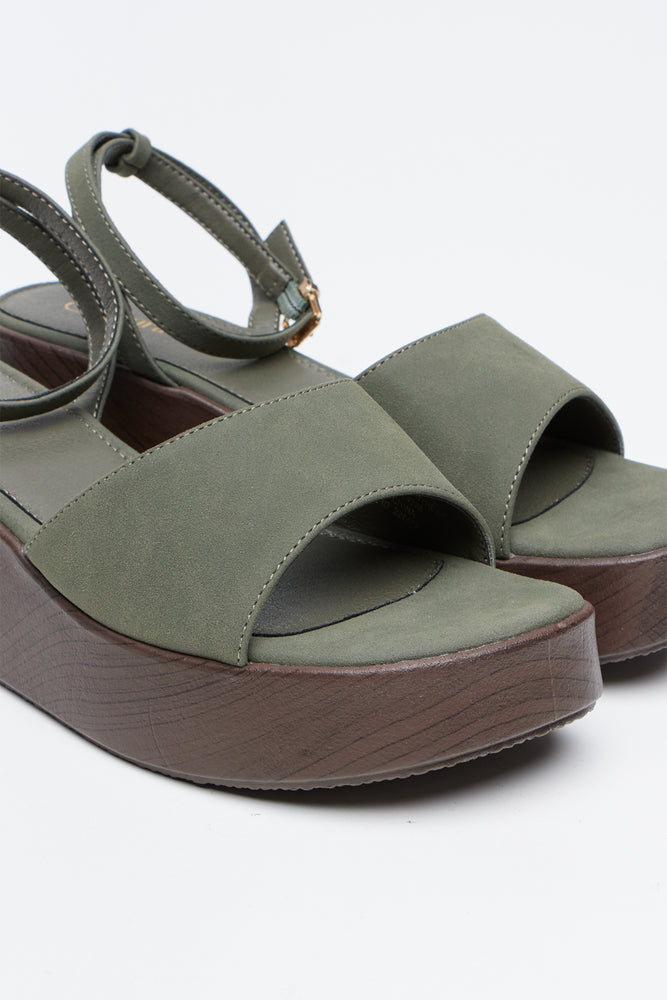 Olive Green Wood Look Wedge Sandal (2)