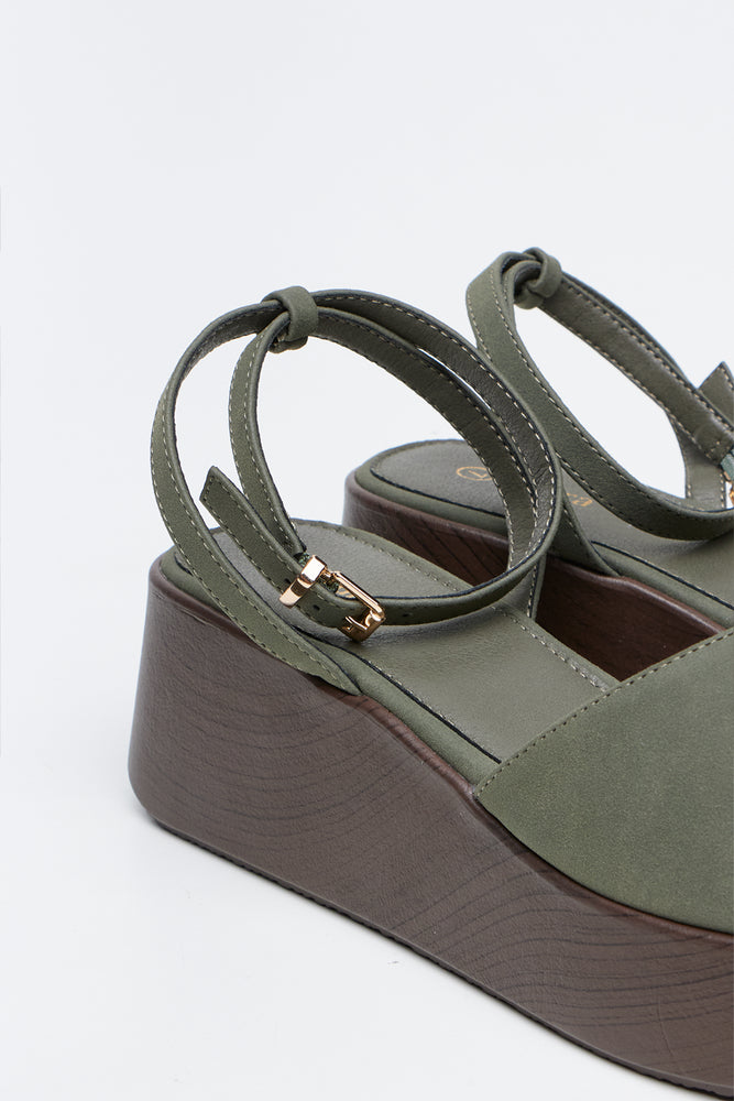 Olive Green Wood Look Wedge Sandal (3)