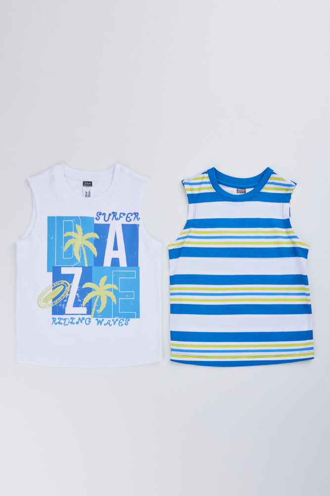 2 Pack White & Stripe Sleeveless Vest