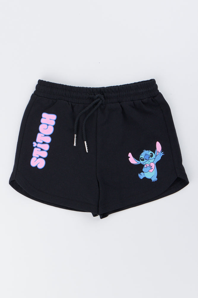 Stitch Print Black Drawstring Shorts