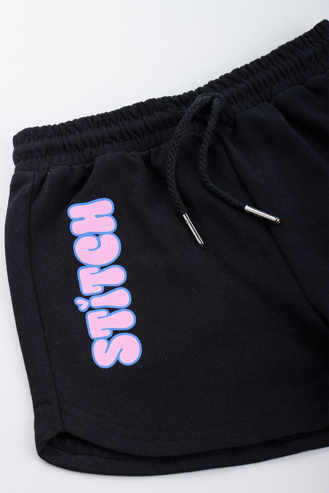 Stitch Print Black Drawstring Shorts (1)