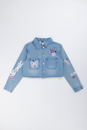 Printed Mid Blue Denim Jacket