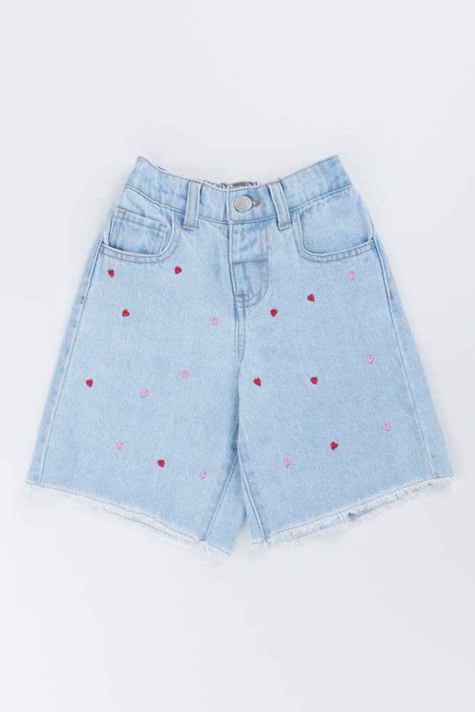 Heart Embroidered Denim Shorts