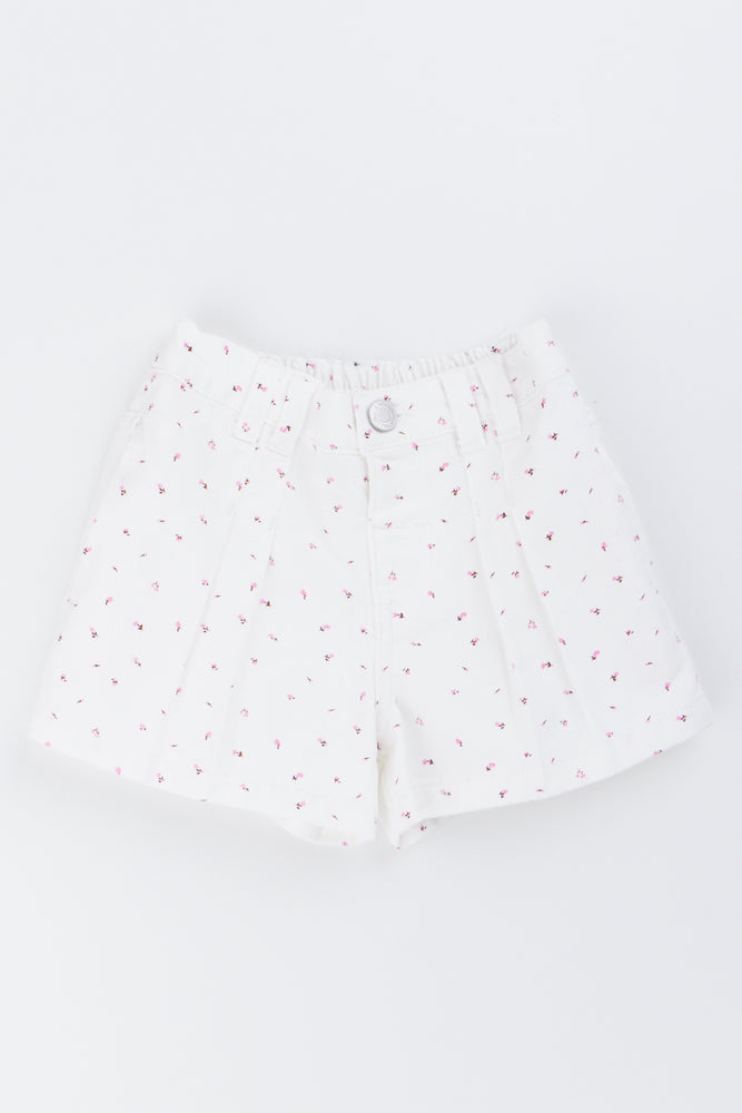White Floral Pleated Denim Shorts