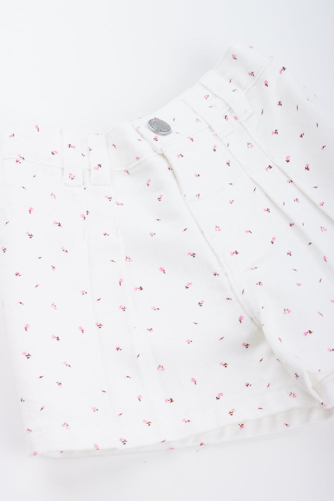 White Floral Pleated Denim Shorts (1)