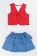 Red Quilted Gilet Denim Skirt
