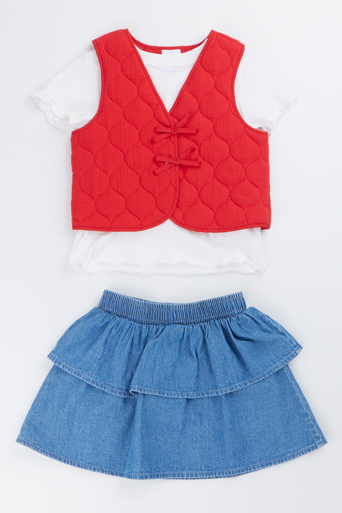 Red Quilted Gilet Denim Skirt