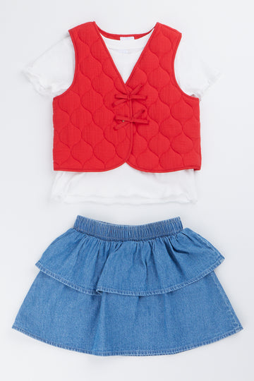 Red Quilted Gilet Denim Skirt