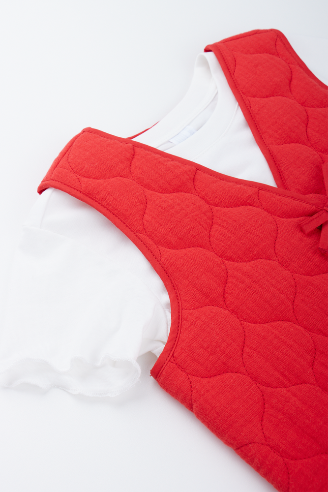 Red Quilted Gilet Denim Skirt (1)