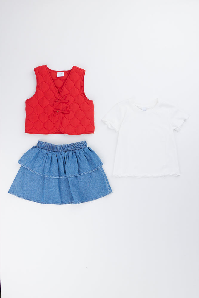 Red Quilted Gilet Denim Skirt (4)