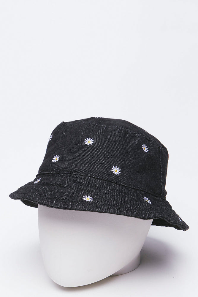 Black Daisies Embroidered Denim Bucket