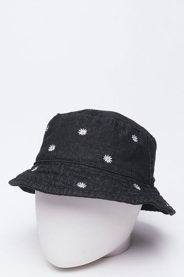 Black Daisies Embroidered Denim Bucket
