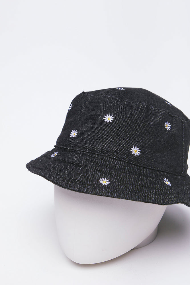 Black Daisies Embroidered Denim Bucket (1)
