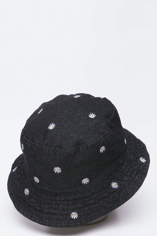Black Daisies Embroidered Denim Bucket (2)