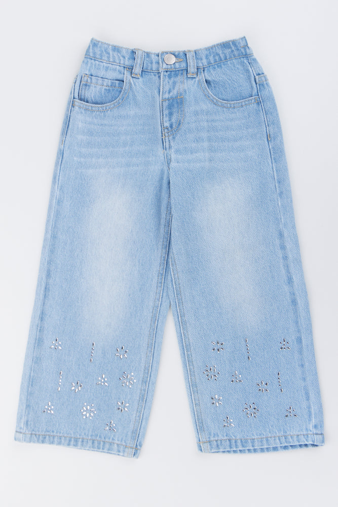 Blue Wide Leg Rhinestone Jeans