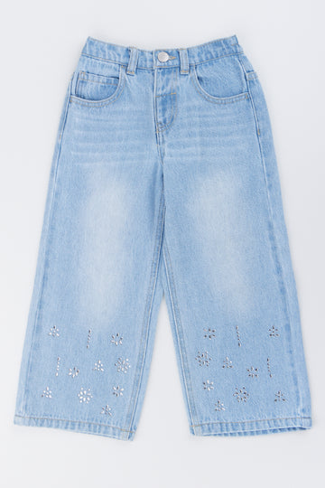 Blue Wide Leg Rhinestone Jeans
