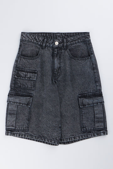 Grey Denim Cargo Jort Shorts