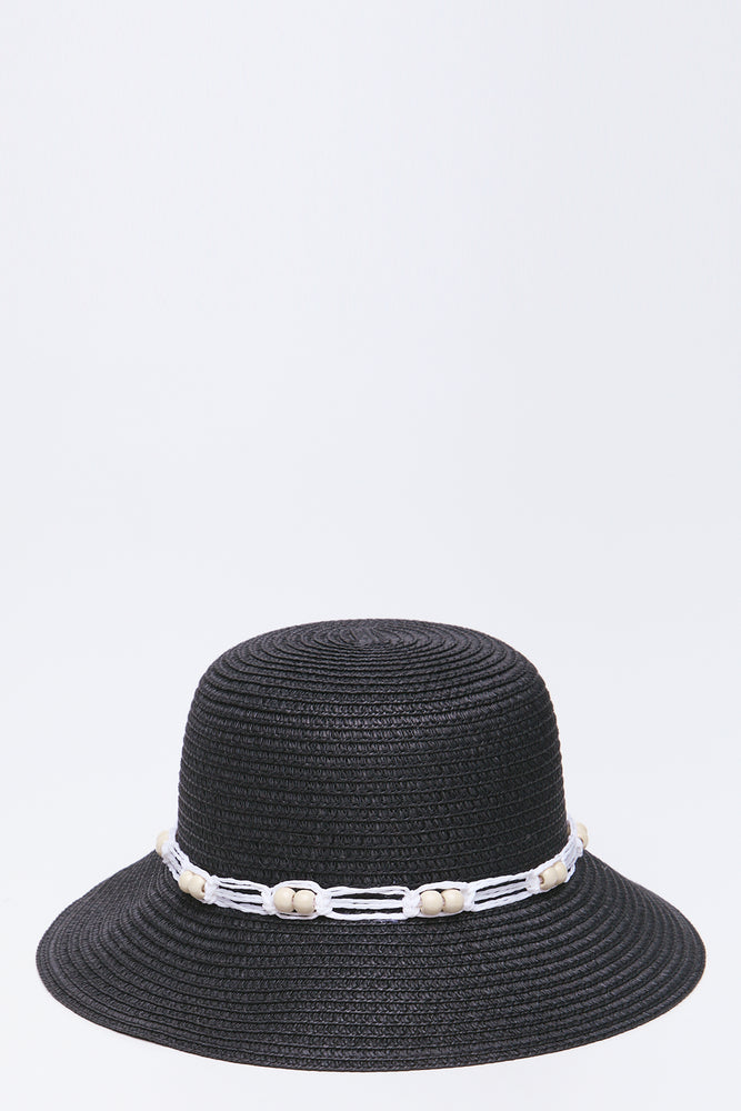 Black Straw Hat With Beads
