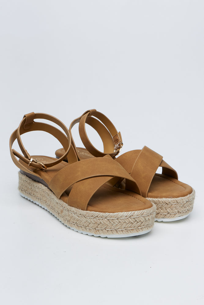 Tan Cross Over Espadrille Wedges