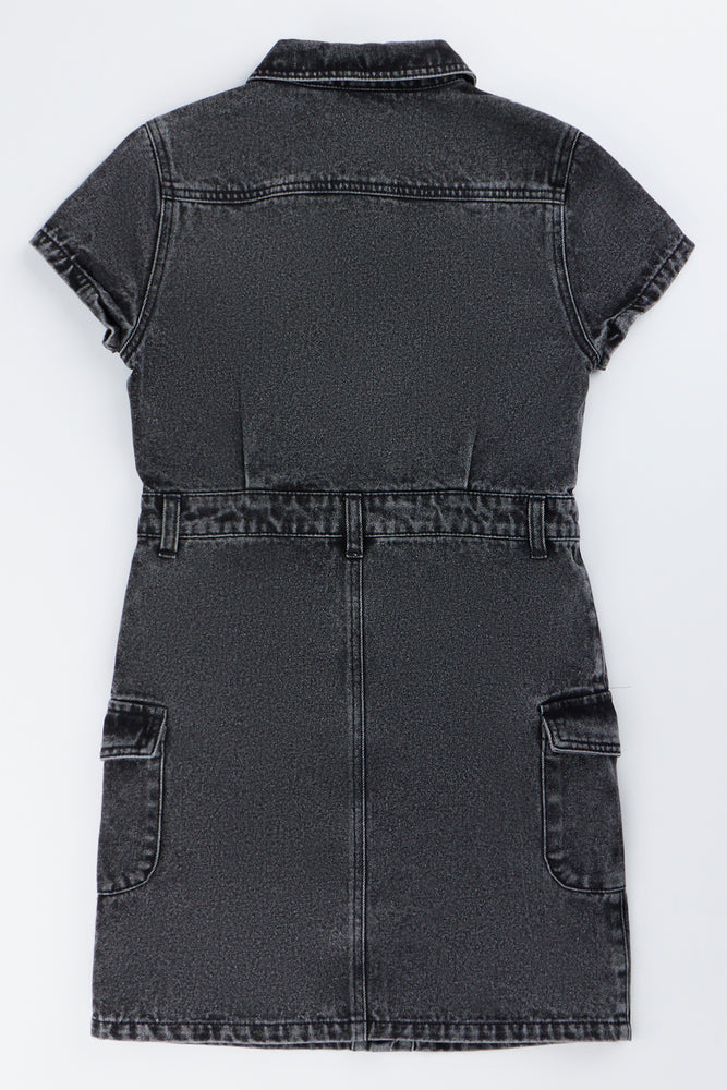 Black Snow Wash Cargo Denim Dress (2)