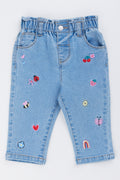 Embroidered Denim Paperbag Waist Pants