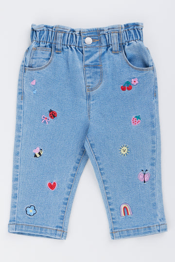 Embroidered Denim Paperbag Waist Pants