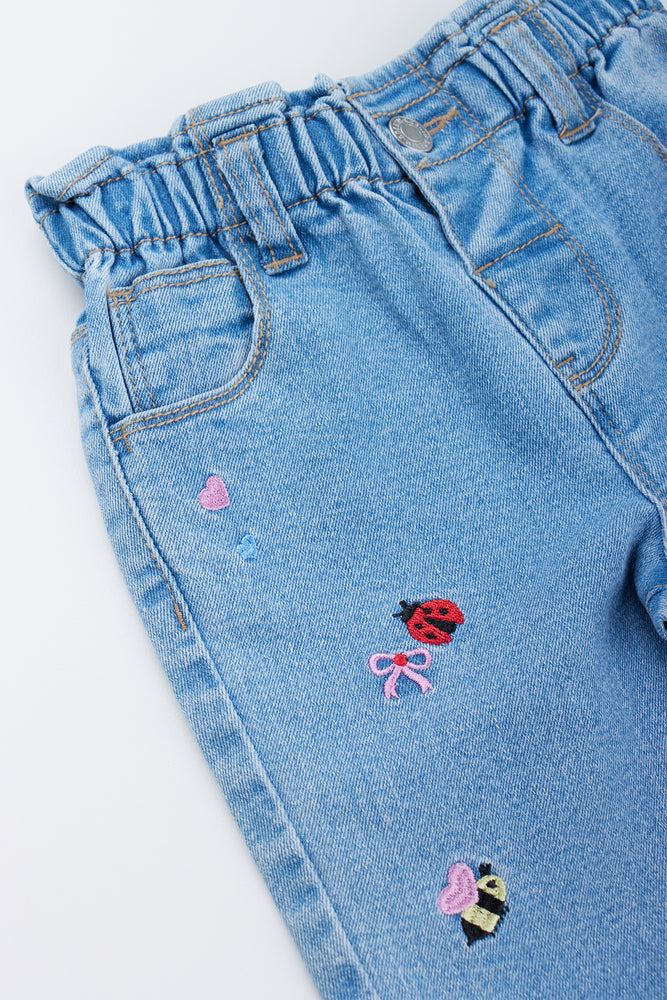 Embroidered Denim Paperbag Waist Pants (1)
