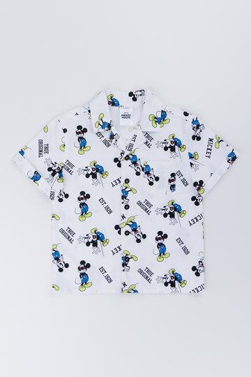 White Mickey Mouse Print Woven Shirt