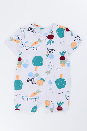White Farm Print Zippy Romper