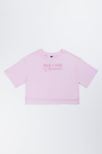 Pink Lace Hem Boxy T-Shirt