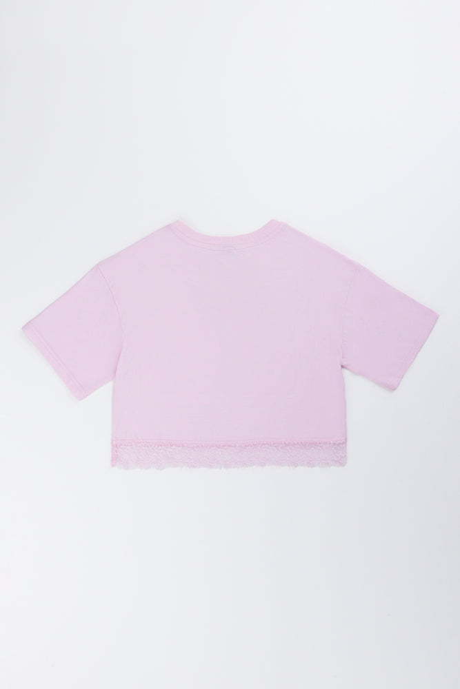 Pink Lace Hem Boxy T-Shirt (3)
