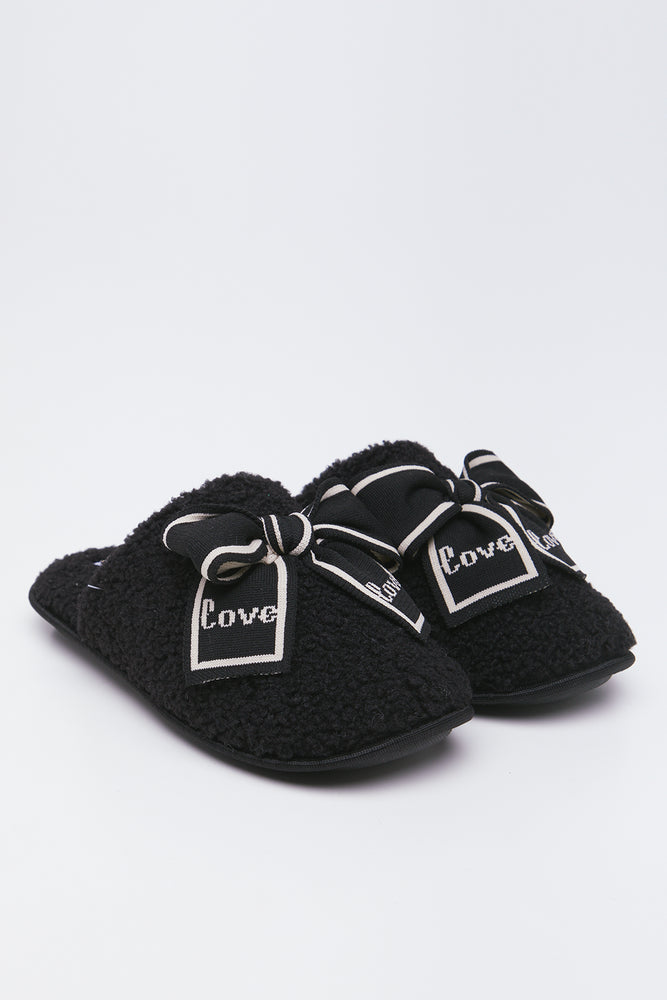 Black Sherpa Bow Slippers