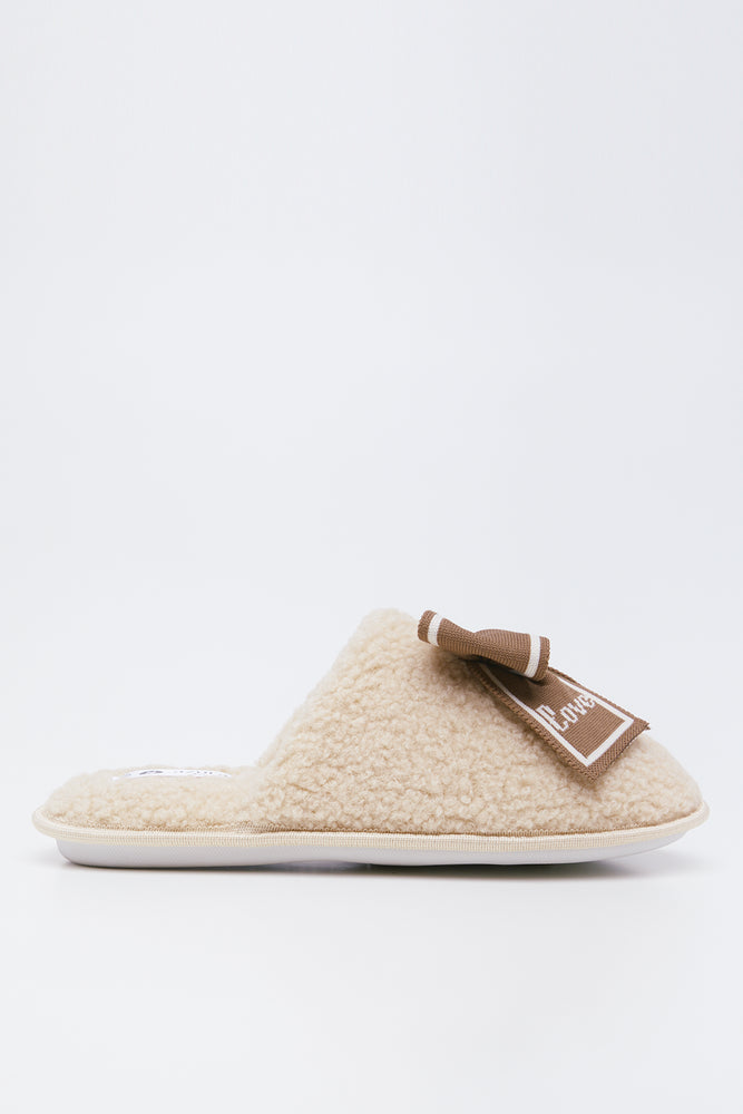 Beige Sherpa Bow Slippers (1)