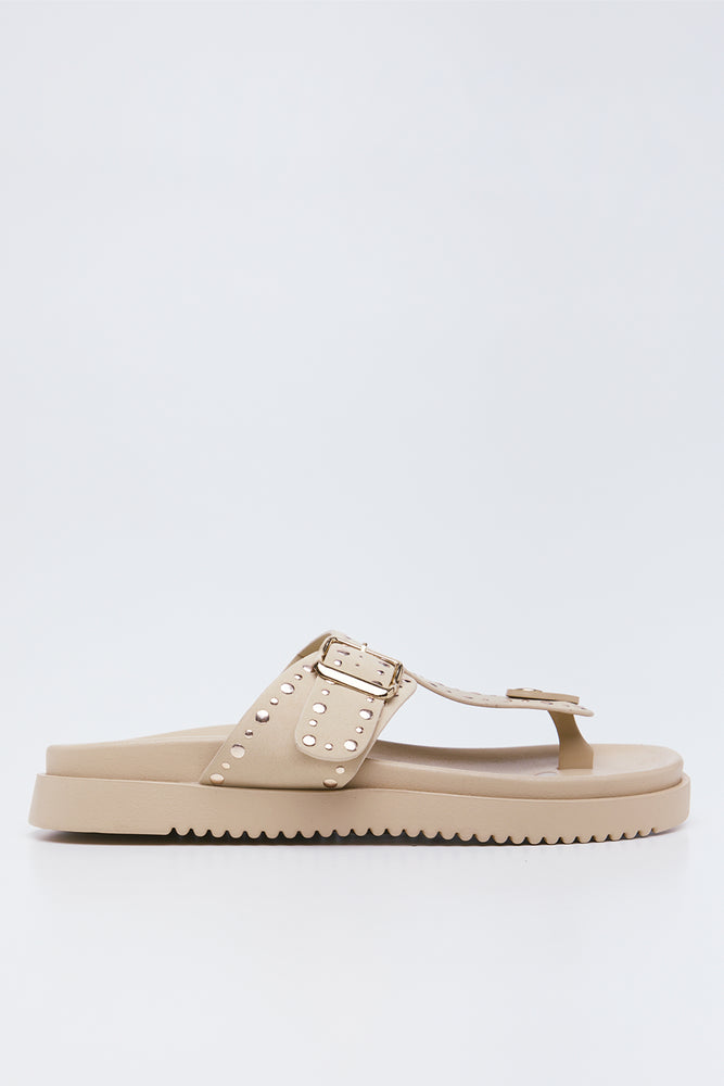 Beige Studded Moulded Thong Sandals (1)