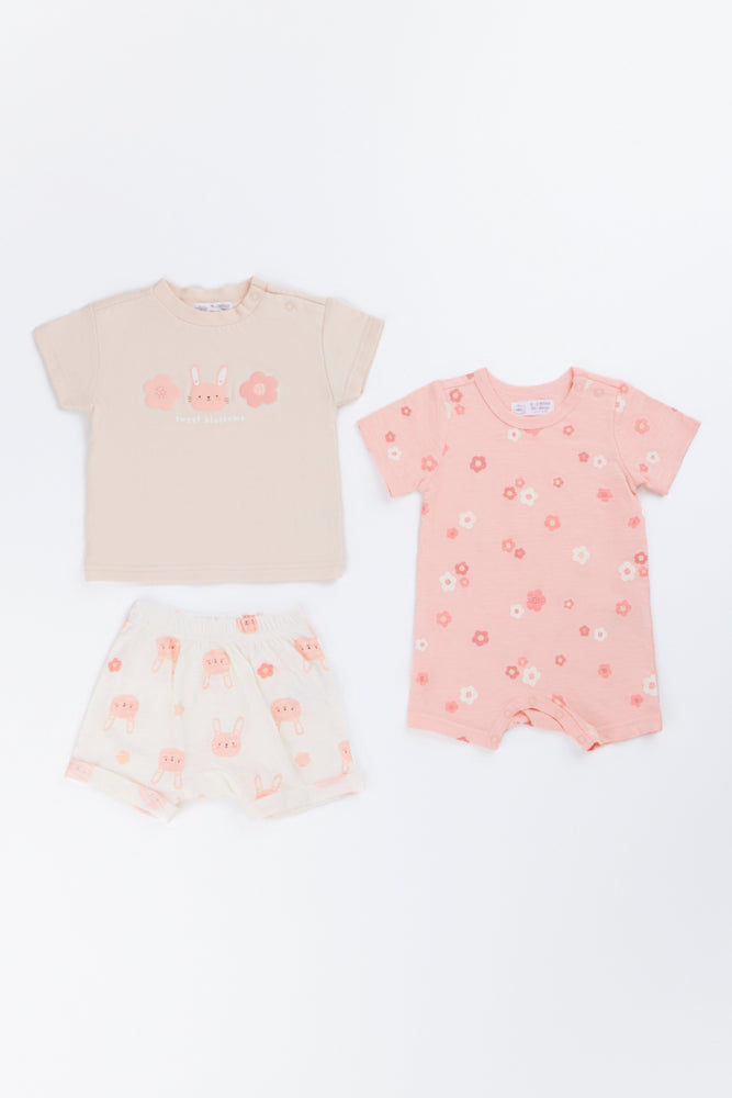 3 Piece Floral Bunny Romper Set