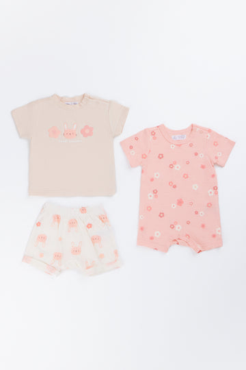 3 Piece Floral Bunny Romper Set