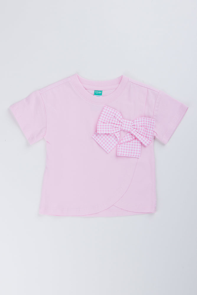 Pink Gingham Bow Detail T-Shirt