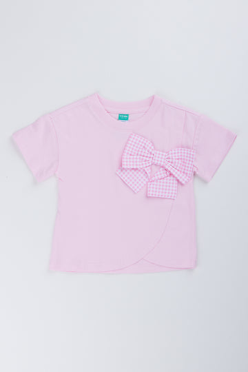 Pink Gingham Bow Detail T-Shirt