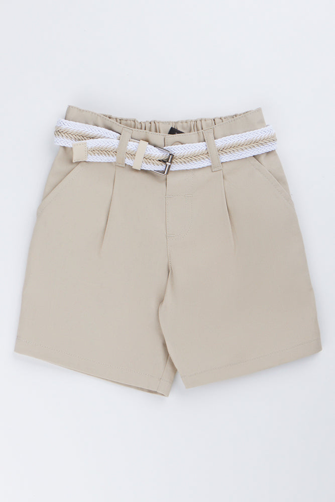 Belted Pleated Stone Chino Shorts
