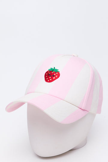 Light Pink Striped Strawberry Print Cap