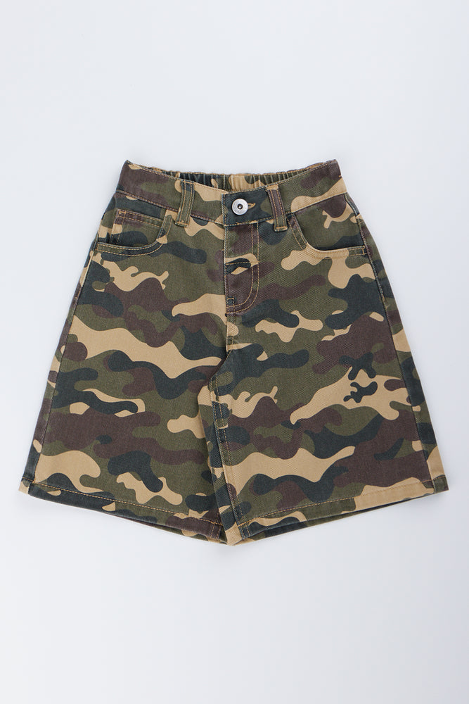 Camo Print Denim Jort Shorts