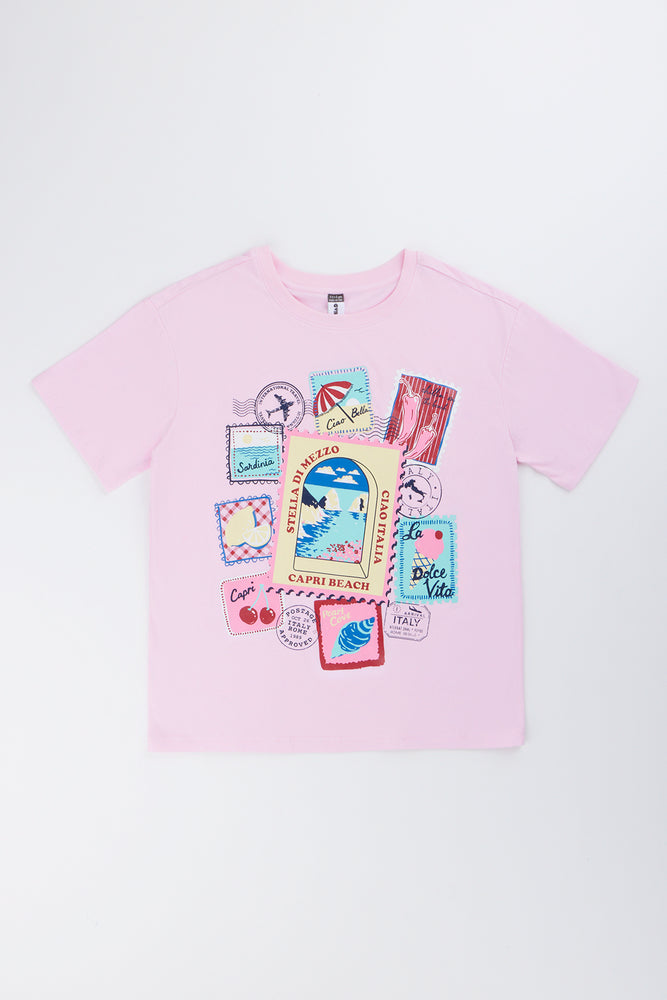 Pink Oversized Postcard Print T-Shirt