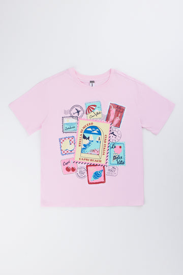 Pink Oversized Postcard Print T-Shirt