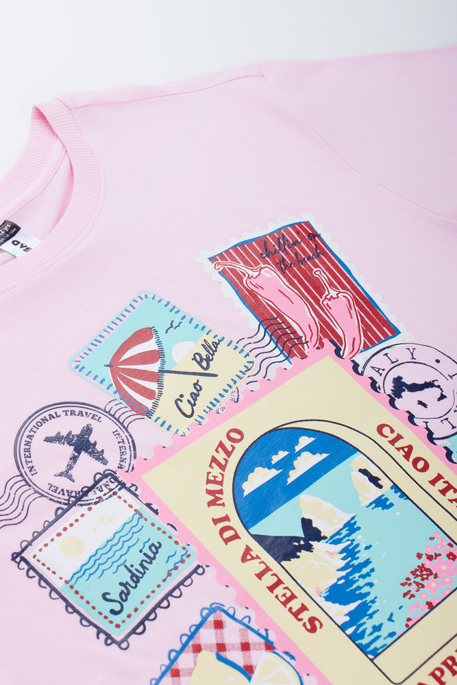 Pink Oversized Postcard Print T-Shirt (1)