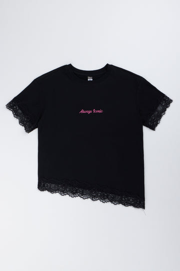 Black Lace Trim Oversized T-Shirt