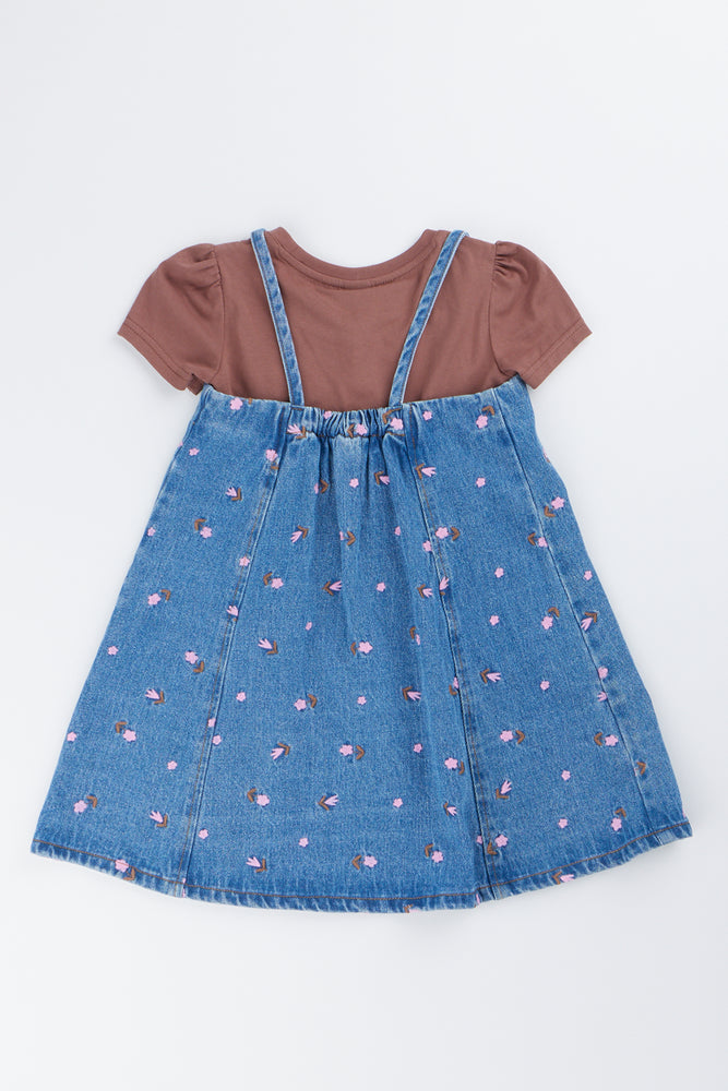 Floral Denim Pinafore Dress Set (2)