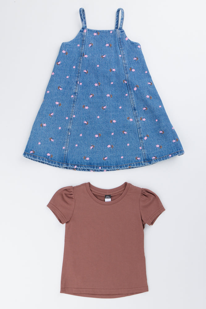Floral Denim Pinafore Dress Set (3)